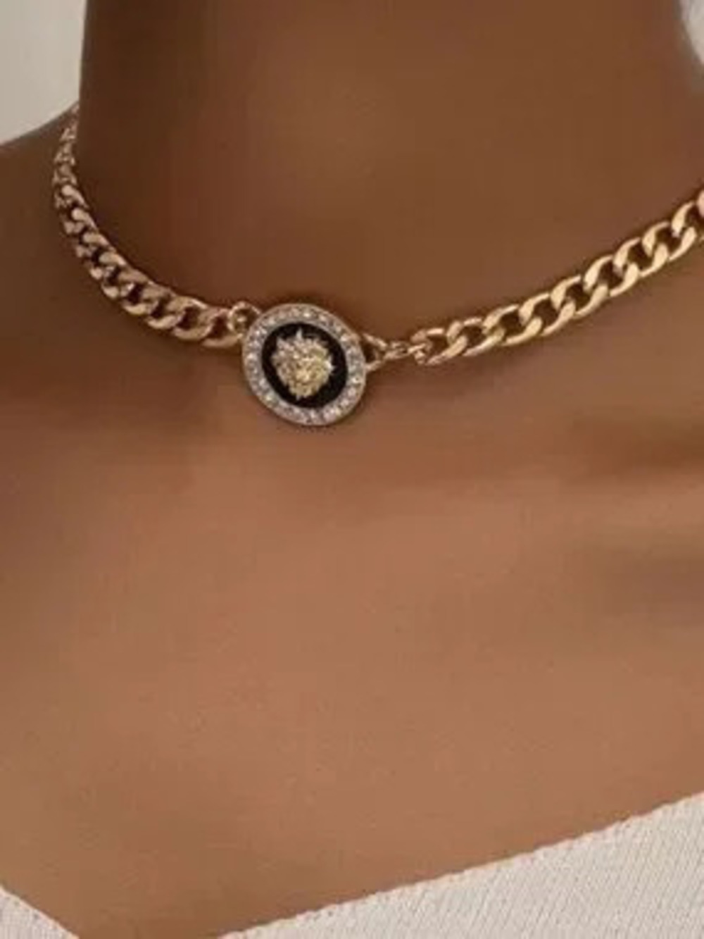 Gold Chain Choker with Black Medallion and Crystal Rim